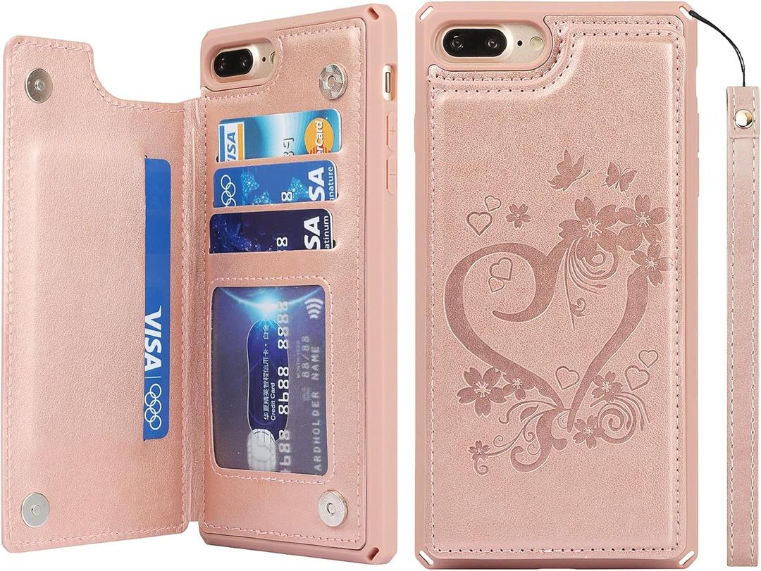 ICoverCase Compatible with iPhone 8 Plus/7 Plus Wallet Phone Case with Card Holder for Women, RFID Blocking Embossed PU Leather Wrist Strap Case (Heart Rose Gold)