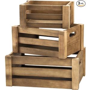 Set of 3 Wood Nesting Storage Crates with Handle, Rustic Farmhouse Decorative Wooden Crates Distressed Crates Storage Container for Display, Large Vintage Wood Decor Crates Wooden Baskets