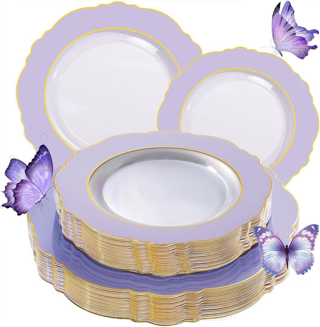 WDF 60pcs Clear Purple Plates Disposable with Gold Rim - Baroque Lavender Purple Plastic Plates for Party/Wedding/Spring Picnic