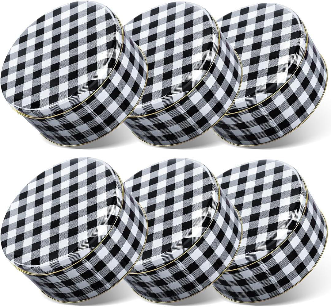 6 Pcs 7'' Christmas Cookie Tins with Lids Metal Christmas Tins Round Metal Cookie Tin Container Holiday Storage Box for Baking Chocolate Snack Storage Gift Giving (White Black)