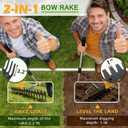 Bow Rake , 2-in-1 63in Metal Garden Lawn Rake for Weeding Digger Loosening Soil Raking Leaf Leveling Rocks Spreading Mulch Gravel 17 Tines Adjustable Garden Rake(63 Inch)