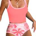 ZAFUL Tankini Swimsuit Tummy Control Bathing Suits Two Piece Swim Top with High Waisted Bottom (Pink, M)
