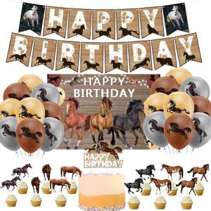 Horse Birthday Party Supplies Set with Happy Birthday Banner, Balloon, Cake & Cupcake Toppers for Horse Party Decoration