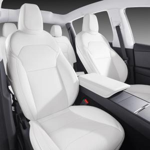 Car Seat Covers for New 2025-2026 Tesla Model Y Juniper Nappa Leather Car Interior Seat Airbag Compatible Cushion Cover Full Set Custom Fit, Nappa White