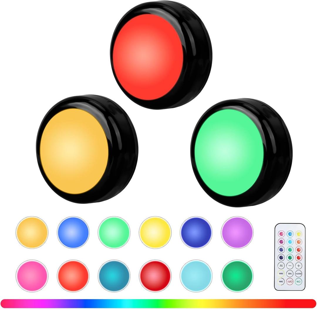 RGBW Color Changing Puck Lights with Wireless Remote - 16 Colors Dimmable Under Cabinet, Battery Powered LED Push Puck Lights with Timer & Memory Function, Black (3 Pack)