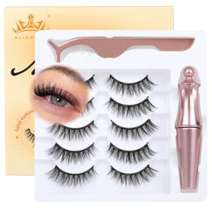 Magnetic Eyelashes with Eyeliner Natural Look Magnetic Lashes with Applicator No Glue Needed Cat Eye Lash Wispy Magnet Lash 5 Pairs with Magnet Eyeliner