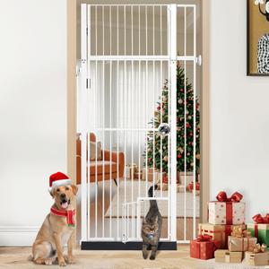 71" Extra Tall Pet Gate with Cat Door, Fits for 28.7"&37.5" Extra Wide Pressure Mounted Pet Barrier Auto-Close Safety Cat Gate with Walk Through Door Latch,White,No Drill