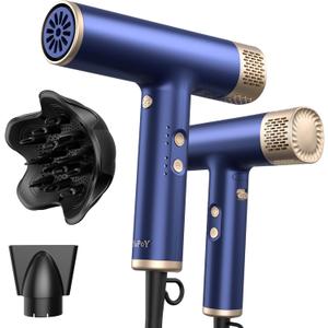 YAPOY Professional Hair Dryer with Diffuser Fast Drying 200 Million Ionic Blow Dryer with 110, 000 RPM High-Speed No Heat Damage Intelligent Thermo-Control Low Noise, Blue