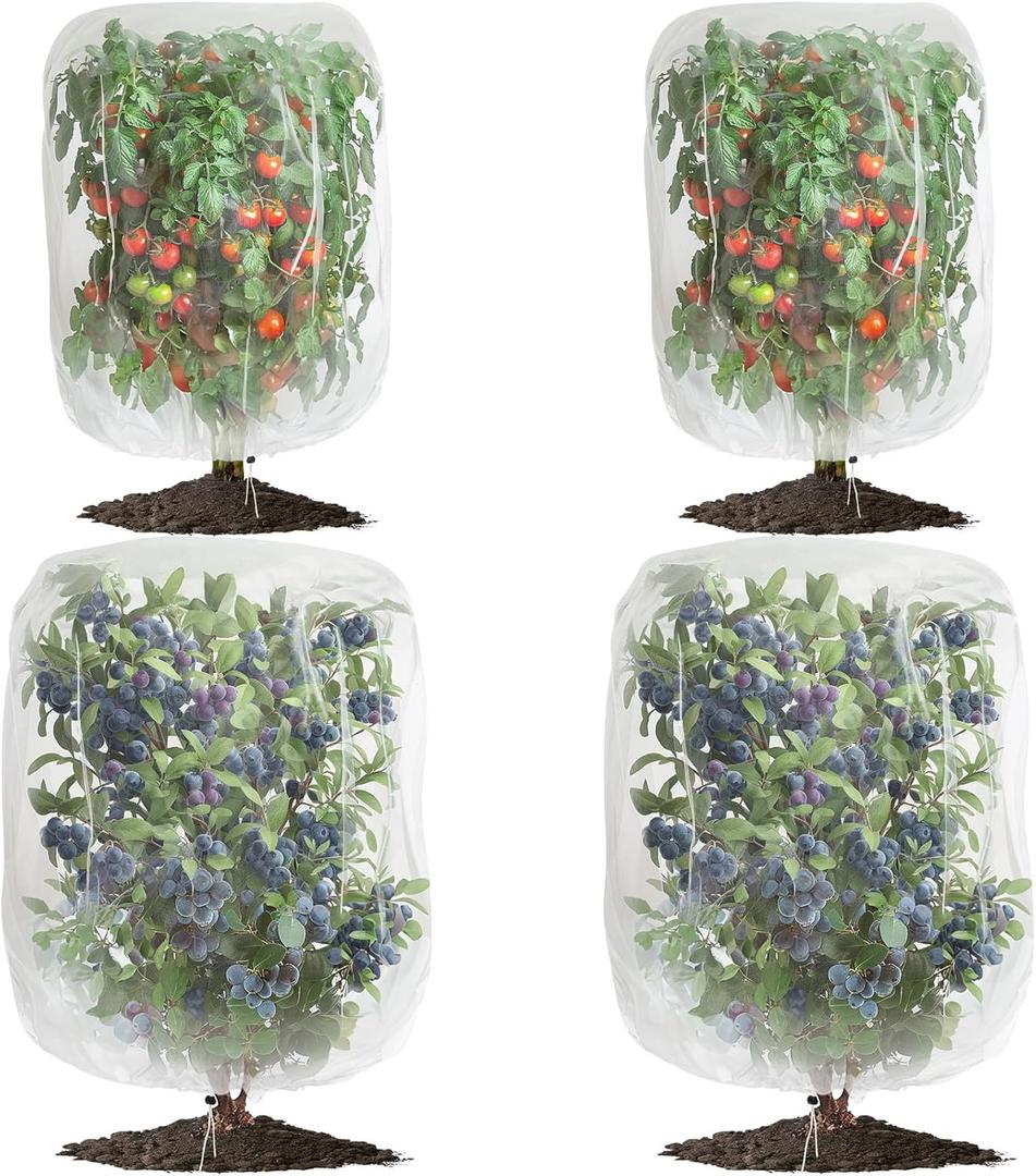 4 Pack Garden Mesh Netting for Plants 2.6x3.3ft - 3.3x4.9ft Insect Bird Netting Pest Barrier Bag with Drawstring 2 Size Fruits Tree Blueberry Bush Netting Cover Bag Protection for Vegetables Tomato (Clear)