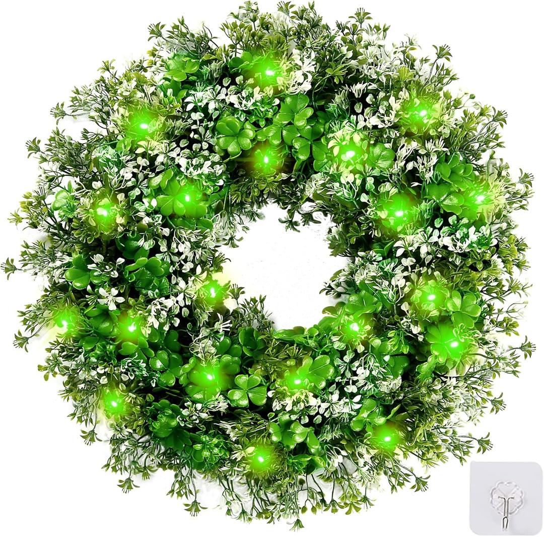 Sggvecsy 17.7 St. Patrick's Day Shamrocks Wreath for Front Door with 30 Green Lights Artificial Greenery Clover Wreath for Irish St. Patrick's Day Decoration Wall Window Outdoor Indoor Home Decor