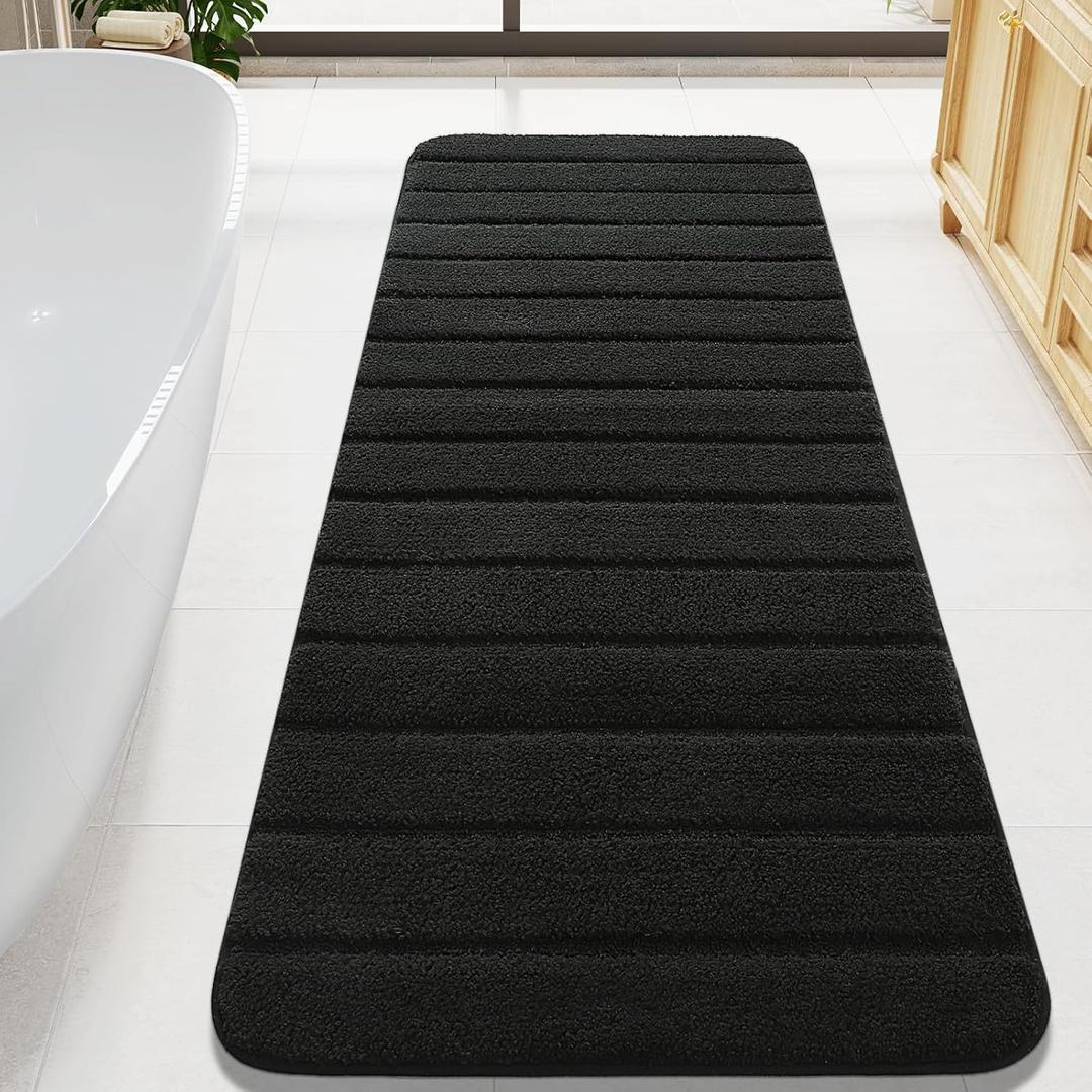 LOCHAS Long Bathroom Rugs Runner, 24" x 60" Large Bath Rug Non Slip Washable, Absorbent Microfiber Bath Mat Luxury Soft, Cozy Bathroom Runner Rug for Shower Quick Dry, Black