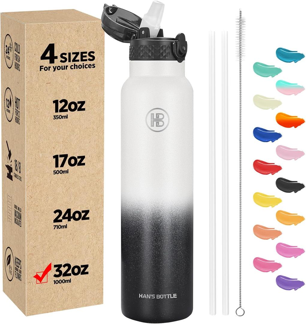 Han's Bottle Sports Water Bottle - 32 Oz, Straw Lid, Leak Proof, Vacuum Insulated Stainless Steel, Double Walled, Thermo Mug,White & Black