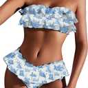 WDIRARA Women's Floral Bikini Set 2 Piece Bandeau Layered Ruffle Swimsuit Strapless Bathing Suit (Light Blue White), Size: Small