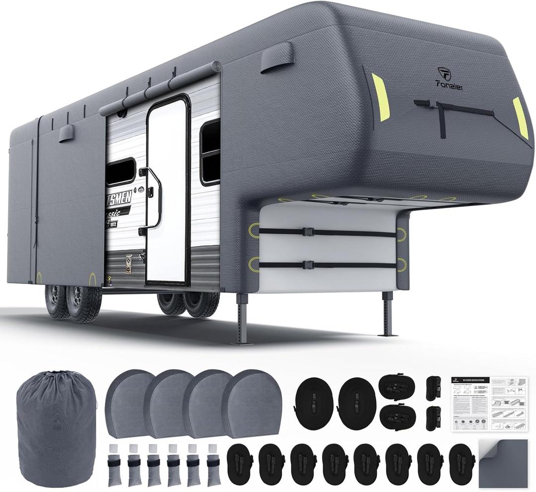 5th Wheel RV Cover 28-31ft, 7 Layer Top Heavy Duty 5th Wheel Cover, Extra-Thick Waterproof Windproof Anti-UV Rip-Stop Camper Cover with 2Pcs Extra Straps, 6 Gutter Covers & 4 Tire Covers