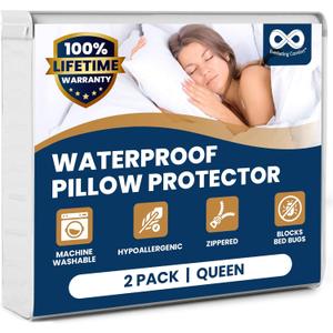 100% Stain Resistant & Waterproof Queen Size Pillow Protectors with Zipper Set of 2 - Bed Bug & Dust Mite Proof White Pillowcases - Breathable, Comfortable Pack of Covers for Pillows, 20 x 30 Inches