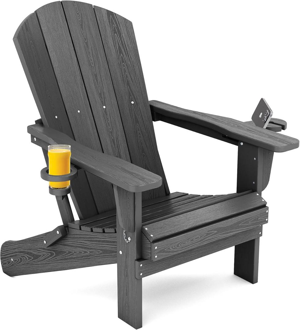 SERWALL Foldable Adirondack Chair, HDPE Adirondack Chair with Wood-Texture-Gray (1 PACK-ORIGINAL, Grey)
