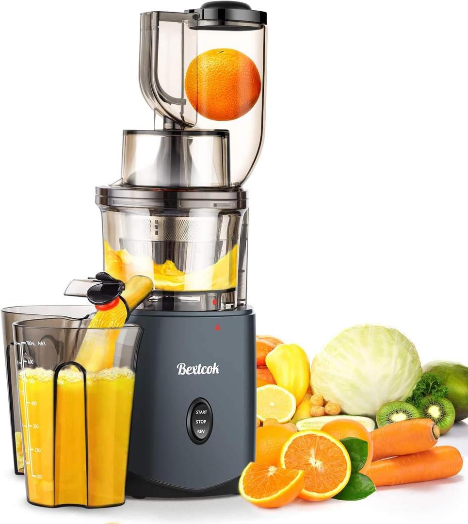 Juicer, Slow Masticating Juicer, Cold Press Juicer Machine Easy to Clean, Higher Juicer Yield and Drier Pulp, Juice Extractor with Quiet Motor and Reverse Function, Easy Clean, Large