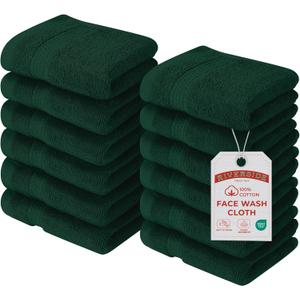 RIVERSIDE 12 Pack Premium 100% Cotton Face Wash Cloths, 12 x 12 Inches, Soft & Absorbent Face Towels for Bathroom Wash Clothes, 550 GSM, Luxury WashCloths for Showering, Body, Spa & Gym, Hunter Green