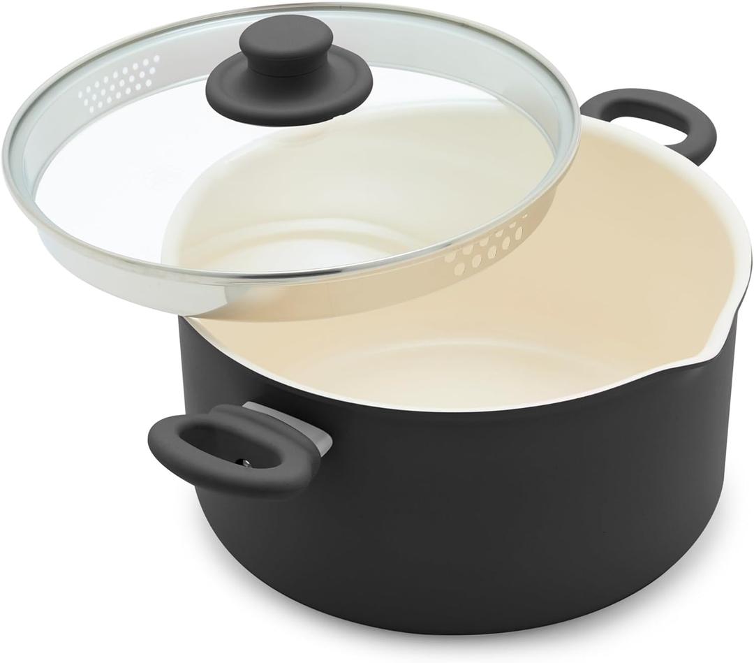GreenLife 6QT Ceramic Nonstick Stockpot with Glass Straining Lid, PFAS-Free, Dishwasher Safe, Stay-Cool Handles, Oven Safe to 350F, Wobble-Free Base, Even Heating, Black