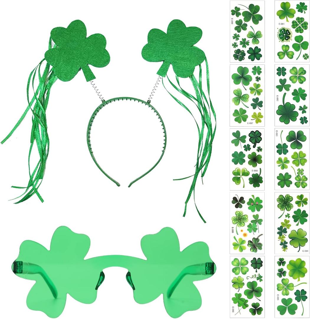 3 x 12Pcs St Patricks Day Headband Costume Accessories Set - Felt Clover Boppers Headband Shamrock Sunglasses Temporary Tattoos Irish Costume Accessories Irish Party Cosplay Favors
