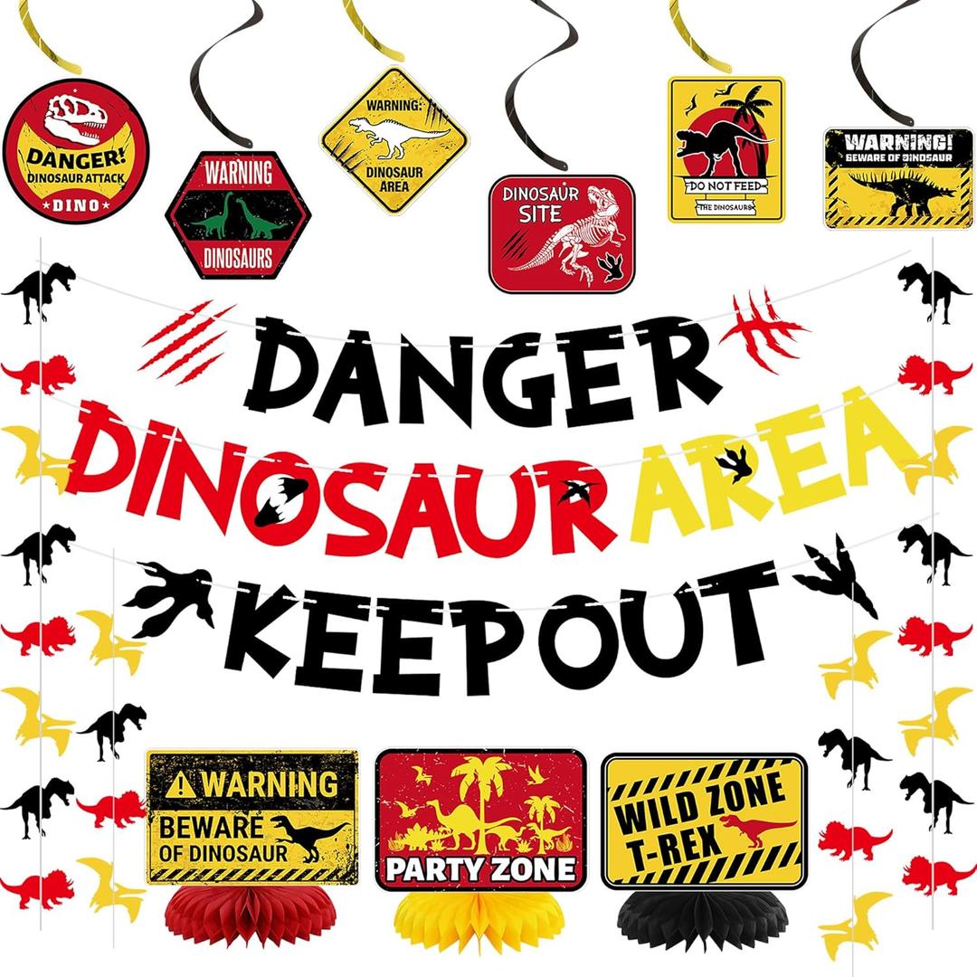 Holkcog Dinosaur Birthday Decoration, Dinosaur Bedroom Decor for Boys Kids Decorations, urassic Paper Signs, Beware of Velociraptor Wall Poste Halloween Props for Kids Party, Classroom 19Pcs