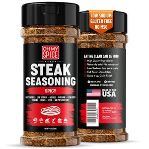 Steak Seasoning Spicy Blend Mix - Gluten Free & Low Sodium Hot Meat Seasoning for Beef, Ribeye & New York Strip Steaks. Spicy Steak Seasonings for Grilling. Gourmet Steaks Spices Salt. BBQ Rub. 4.5oz (EXP 12/10/26)