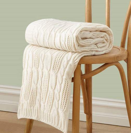 Aormenzy Cable Knit Throw Blankets 30 x 40 Inches, Soft Cozy and Lightweight Knitted Blanket, Machine Washable 100 Percent Acrylic Blanket, Decorative Throw Blanket for Couch Sofa Bed, Cream White
