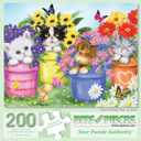 Bits and Pieces Large Piece Jigsaw Puzzle  200 Pieces  Cats in Flower Pots by Makiko  15"x19" Colorful Garden Scene with Kittens, Flowers & Butterflies  Family Puzzle