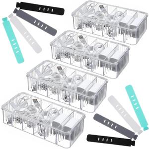 4 Pcs Cable Organizer Box, Clear Plastic Cord Storage Organizer with 40 Wire Ties Charging Cord Storage Organizers with Lid for Home Office Desk Drawer Organizers and Accessories