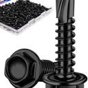 mxuteuk #83/4" Self Tapping Screws,410 Stainless Steel Self Tapping Screws for Metal,Self Drilling Screws,Hex Washer Head Screws Suitable for Wood, Metal or Tough Materials (180PCS) (Black)