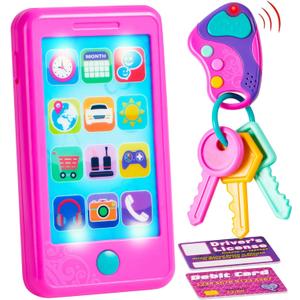 JOYIN Pretend Role Play Smart Phone, Keyfob Key Toy and Credit Cards Set, Kids Toddler Cellphone Toys, Toddler Birthday Gifts Toys for 1 2 3 4 5 Year Old, Kids Presents, Gift for Christmas (Multicolor Pink)