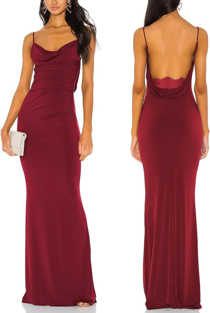 Aigeman Women Spaghetti Straps Mermaid Evening Gown Wedding Guest Dress Drape Neck Lace Backless Formal Maxi Dress 21 (Red, M)
