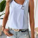 Women's Button Asymmetrical V Neck Striped Print Blouses Casual Sleeveless Tank Top Summer Shirt Tops (Blue, L)