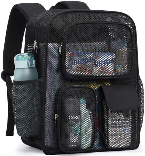 PACKISM Mesh Backpack for School - 17 Inch Large Heavy Duty Mesh Bookbag for Boys Girls, See Through School Backpack with 3 Front Pockets for Students, Black (Age 12+)