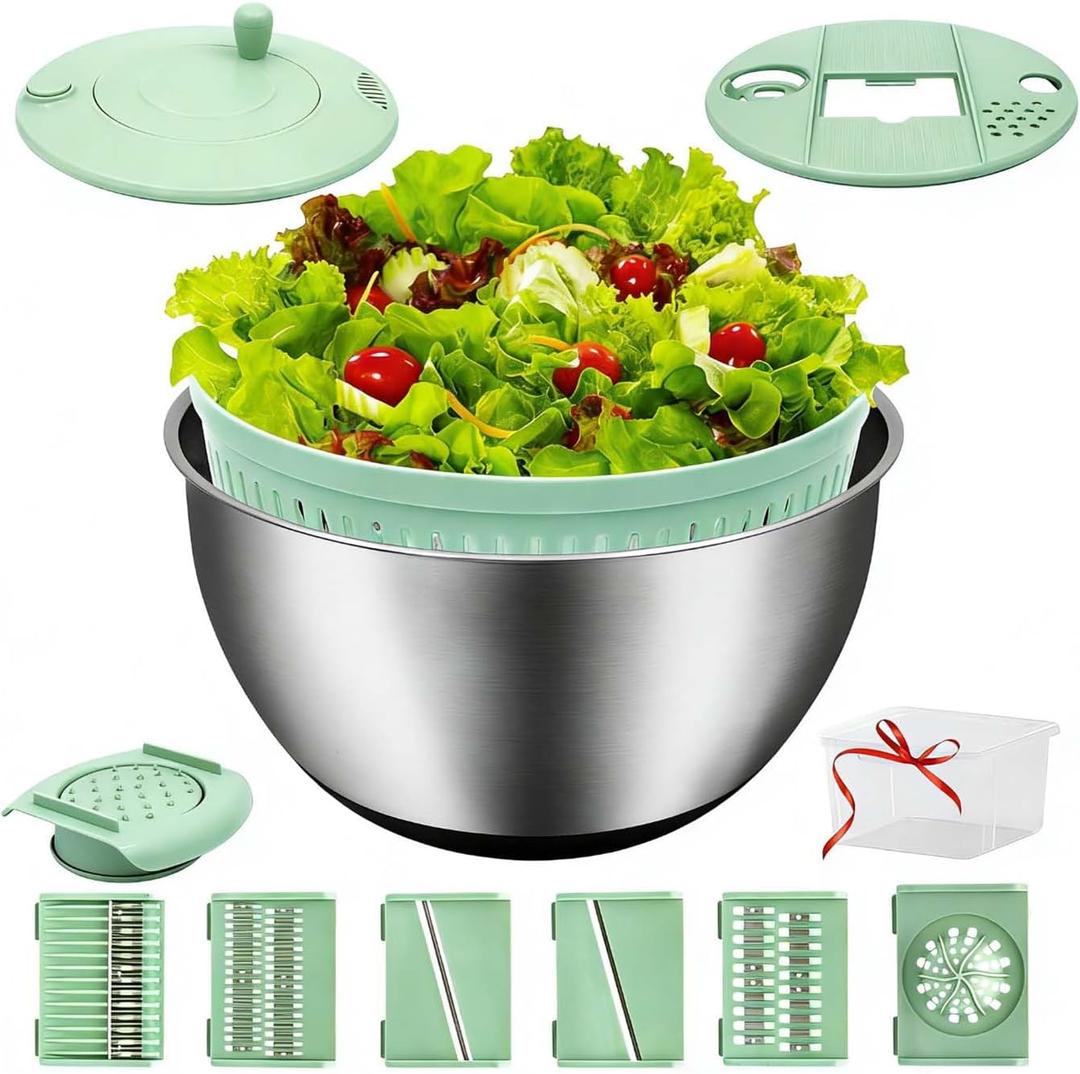 5.3QT Salad Spinner Large,Stainless Steel Lettuce Spinner,Fruit Vegetables Wash Bowl with 5 Blade Slicer,Egg Yolk Strainer Slicer Shredder,Kitchen Colander for Salad Make and Food Washing