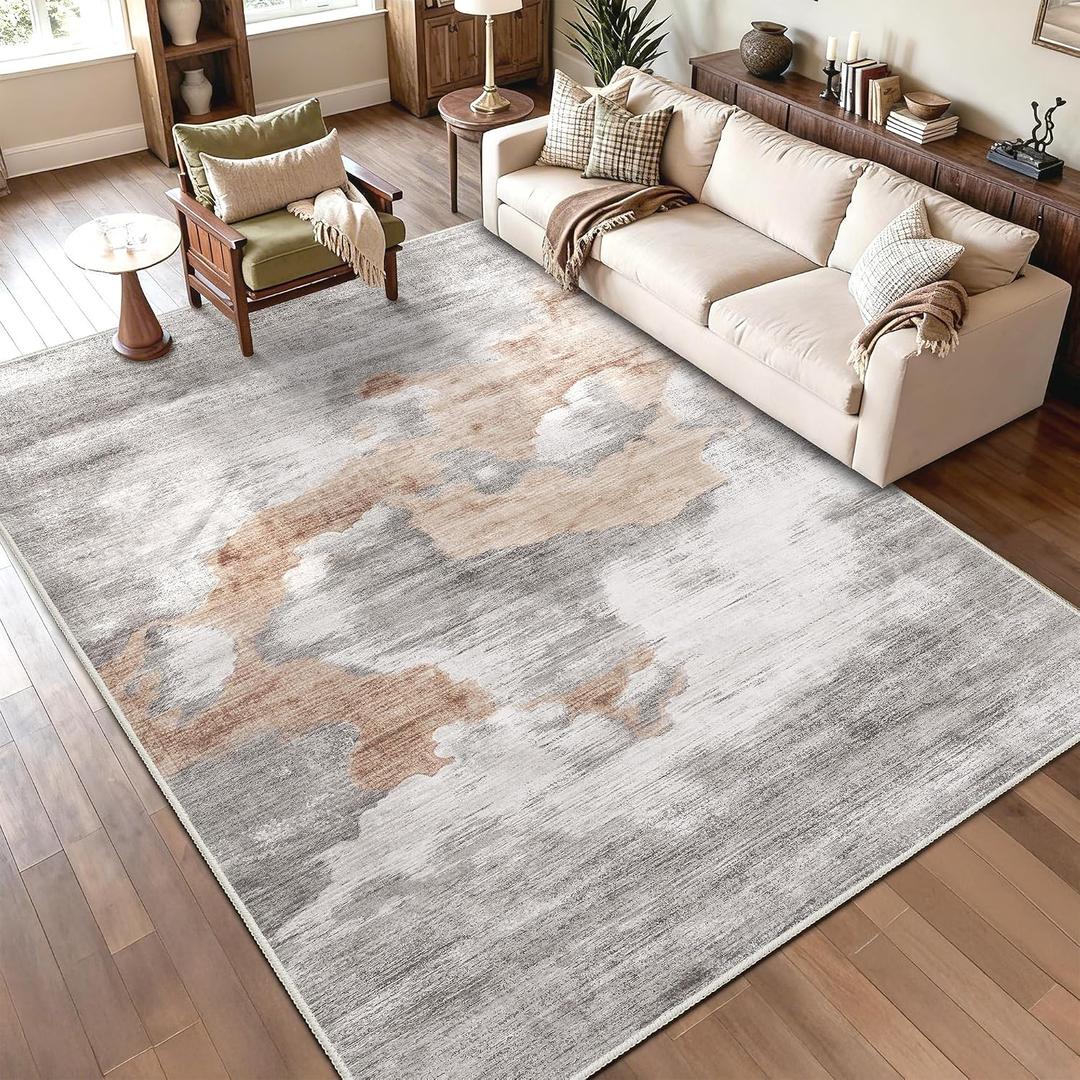 Large Grey Area Rug 8x10 Modern Washable for Living Room Bedroom Dining Room, Abstract Marble Non Slip Carpet