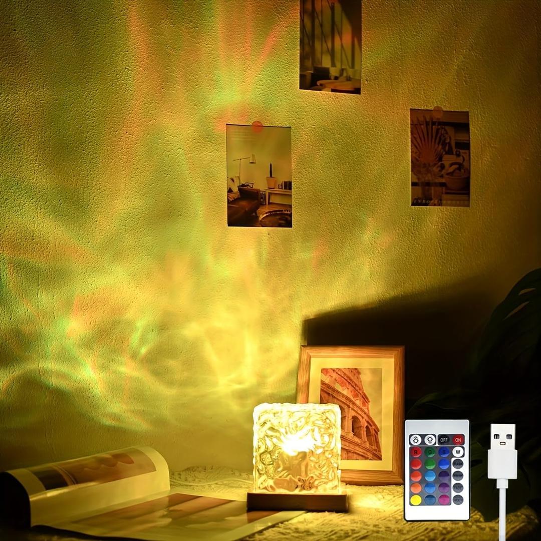 Northern Lights Ocean Wave Projector Light, Galaxy Light Projector, 16 Colors Gradual Rotating Flame Water Ripple Ambient Night Light Non-Wood for Bedroom, Room Decor, Kids Room (Plug-in)