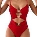 Eomenie Sexy One Piece Swimsuit for Women Cutout Monokini Bathing Suit Starfish Beach Resort Swimwear (Large, Red and Golden Metal)