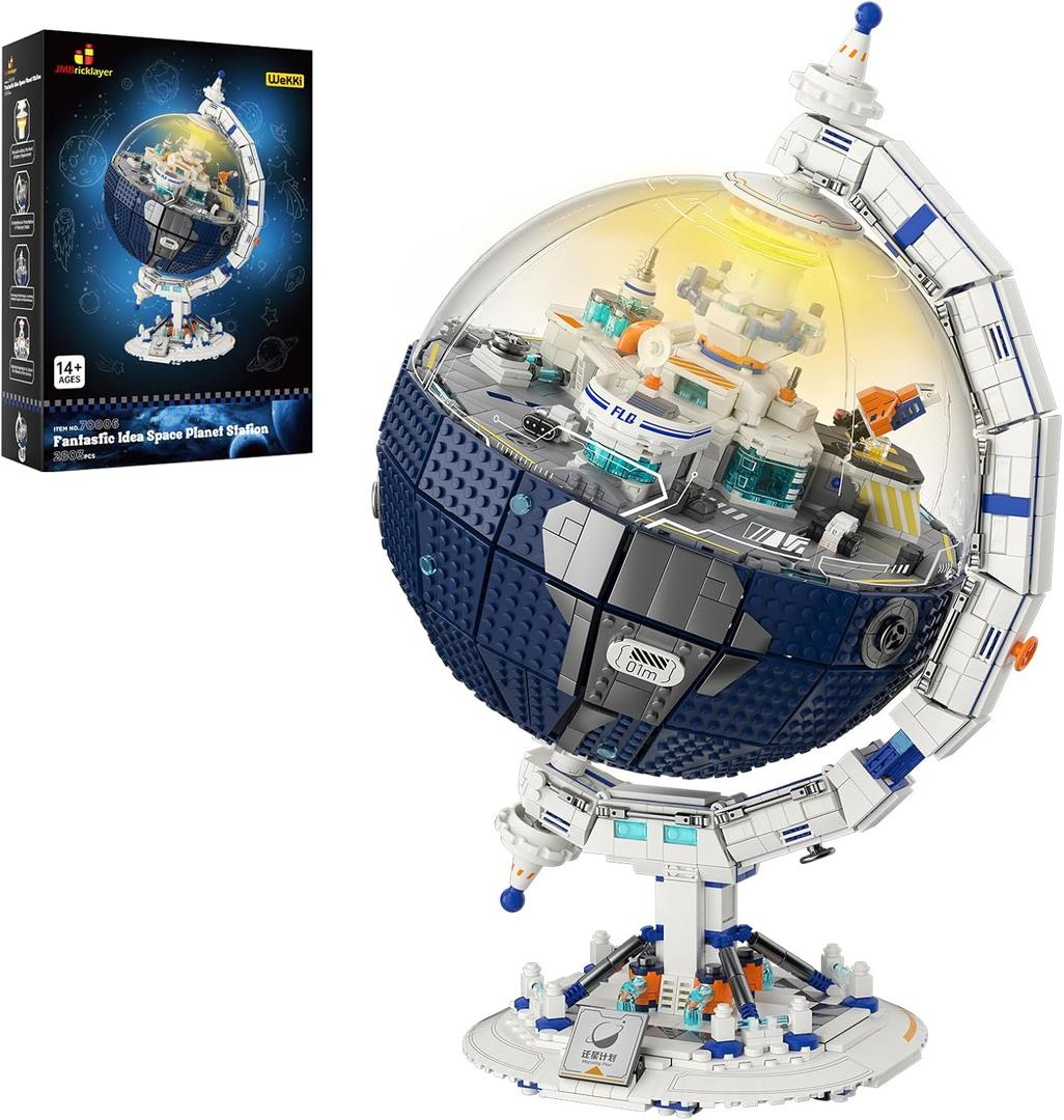 JMBricklayer Globe Space Station Building Set for Adults,360 Rotatable Globe Display Model with LED Light 70006,Space Planet Immigration Station Model Kits,Ideal Gift for Teens and Kids 8+(2803PCS