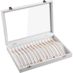 Frebeauty 15 Hooks Necklace Tray,Neckalce Organizer with Clear Lid,Velvet Necklace Holder Box,Jewelry Organizer for Pendants Chains,13.8x9.5x2 inches Necklace Jeweley Tray for Women (White)