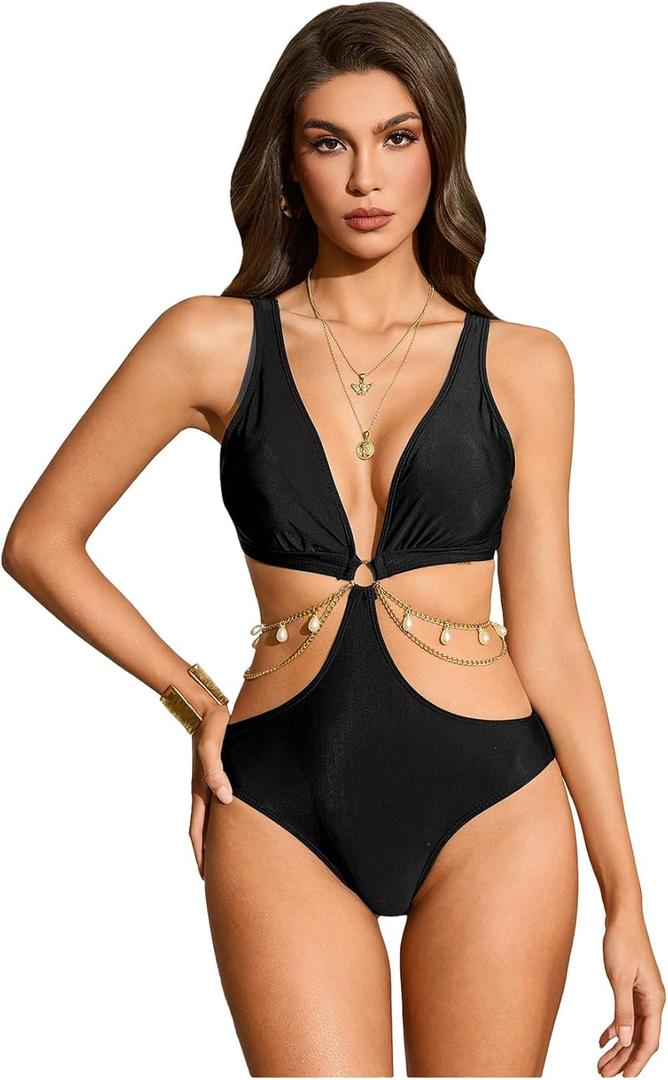 OYOANGLE Women's One Piece Swimsuit Ring Linked Cut Out Bathing Suit High Cut Swimwear (X-Large, Black)