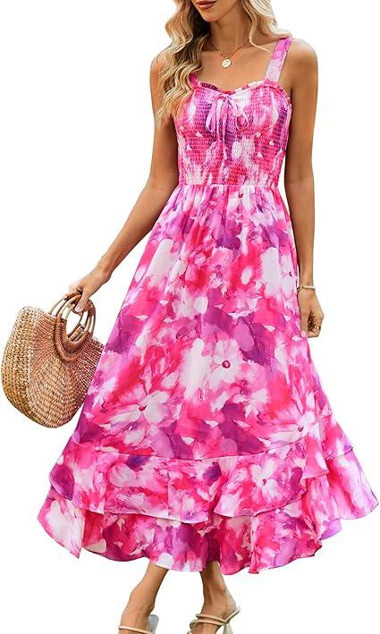 GRACE KARIN Women's 2025 Summer Floral Boho Dress Square Neck Strapped Swing A Line Sundress Beach Long Maxi Outfits M Rose Purple