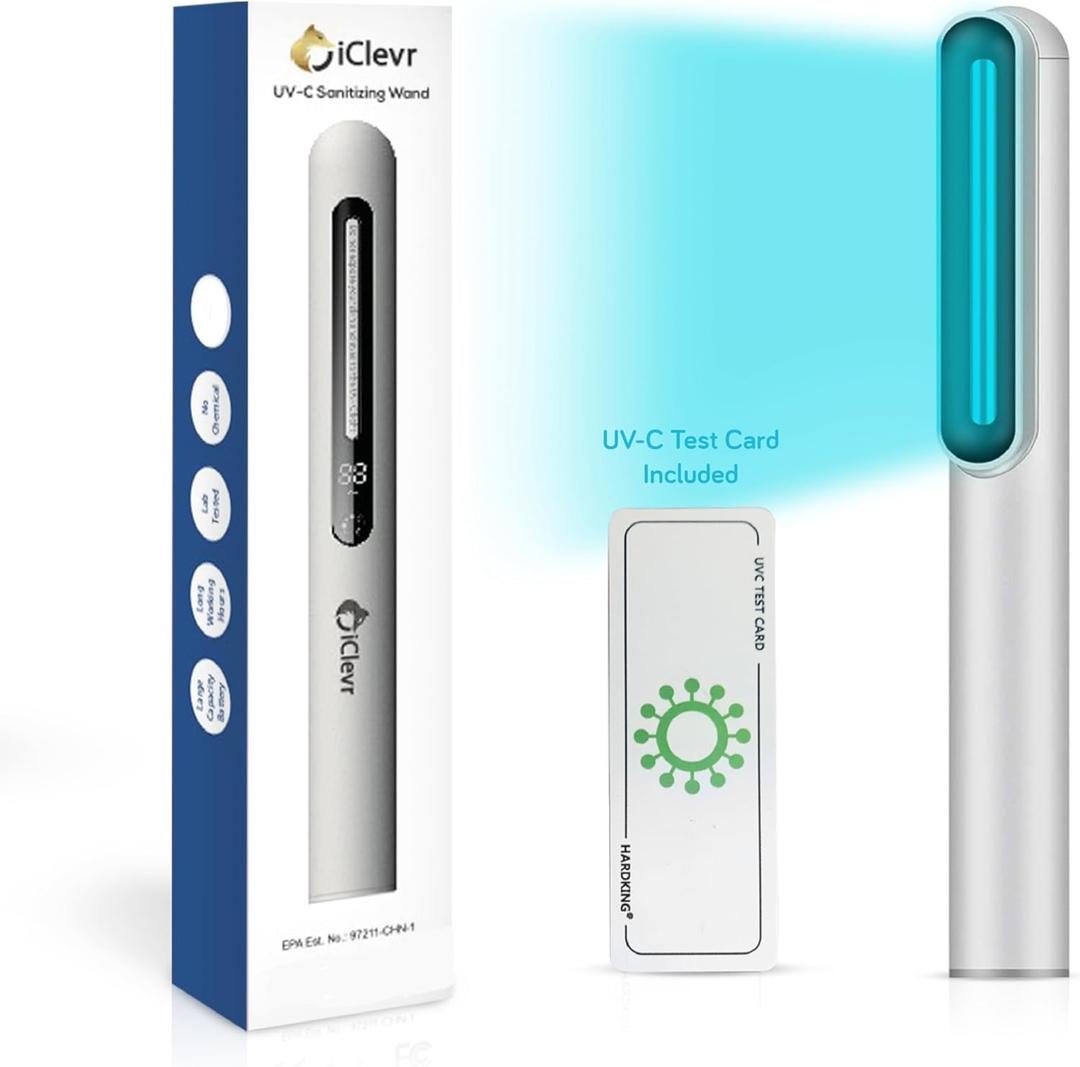 UV-C Light Sanitizer Wand - Powerful 253nm UV Light Rechargeable Handheld Ultraviolet Portable for Home, Office, Travel - Total Transparency UVC Test Card Included Silver