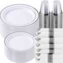 Goodluck 350 Piece Silver Plastic Dinnerware Set for 50 Guests, Fancy Disposable Plates for Party, Include: 50 Dinner Plates, 50 Dessert Plates, 50 Pre Rolled Napkins with Silver Silverware, 50 Cups