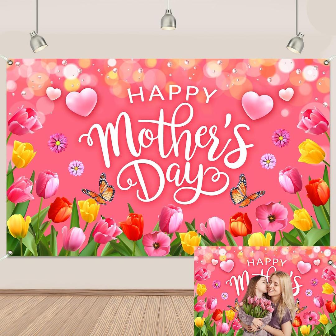 2 x Pink Happy Mothers Day Banner Backdrop 5.93.6Ft Romantic Tulip Mothers Day Backdrop Banner for Photography Pink Heart Flowers Mother's Day Decorations 7143inchPolyester