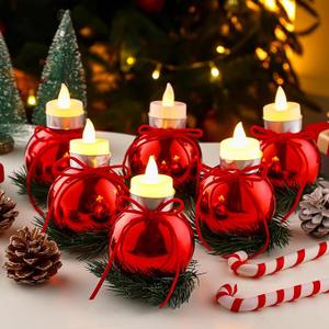 6 Pcs Christmas Ball Candle Holders Set Candle Holder for Table Centerpiece Plating Ball Candlestick with Bow and Wreath for Dinner Fireplace Christmas Party Decorations