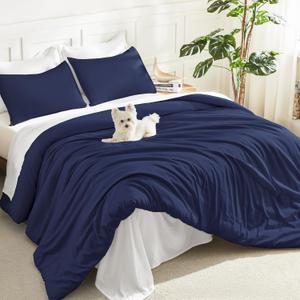 Litanika Navy Blue Comforter Set Full Size, 3 Pieces Boys Men Lightweight Solid Bedding Comforter Set, All Season Fluffy Down Alternative Bed Set (79x90In Comforter & 2 Pillowcases)