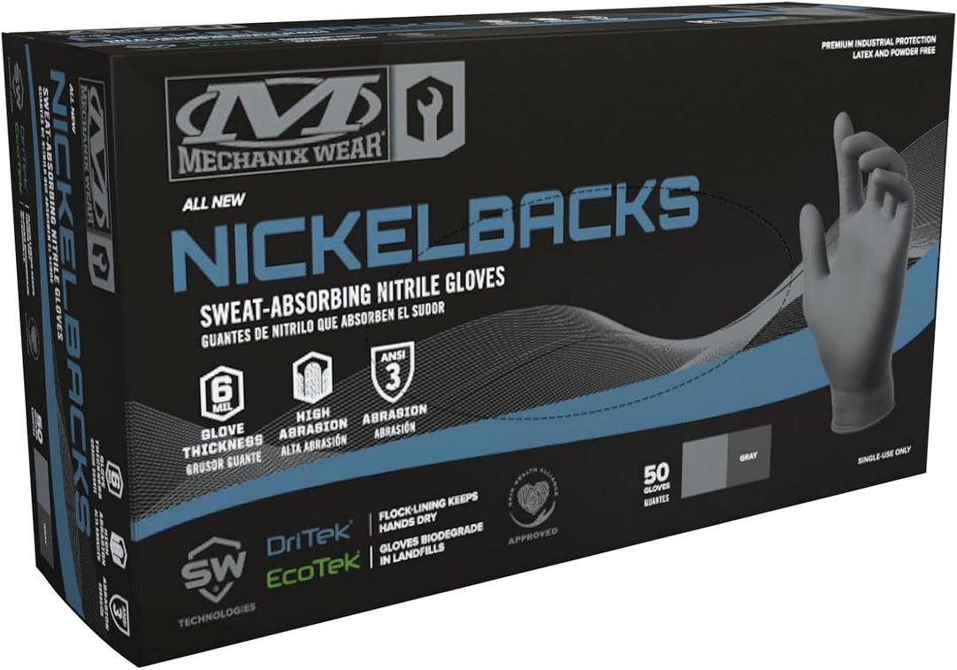 Mechanix Wear: 6 Mil Nickelback Nitrile Gloves with Sweat Absorbing Liner, Latex and Powder Free, Disposable Gloves, Textured Grip, 50 pack, Cleaning and Mechanic Work Gloves (Gray 6 mil, X-Large)