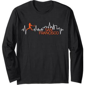 Vintage San Francisco Skyline Baseball Heartbeat Men Women Long Sleeve T-Shirt (Small, Black)