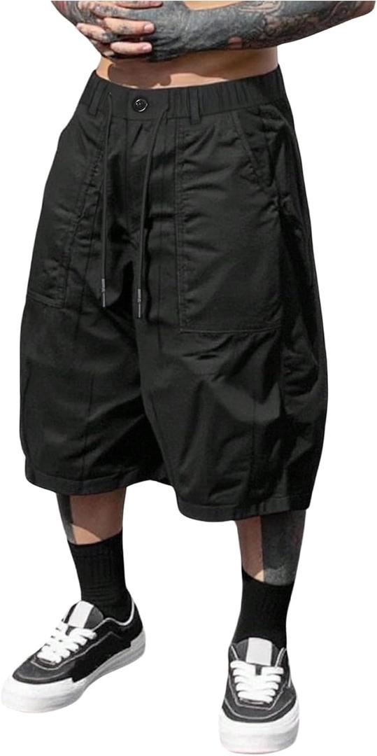 GORGLITTER Men's Summer Cargo Shorts Elastic High Waist Wide Leg Athletic Gym Basketball Drawstring Workout Shorts (Black, XXL)